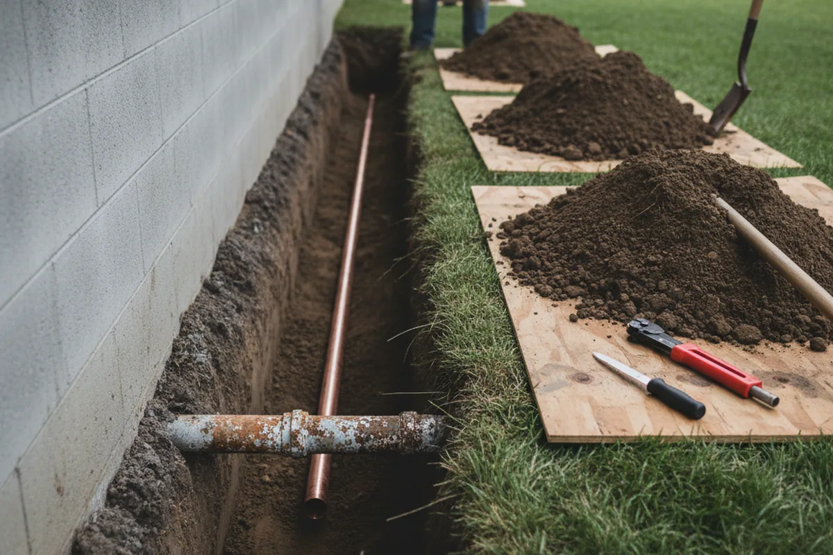 Excavated water line trench during Water Softener Installation in Morton Grove